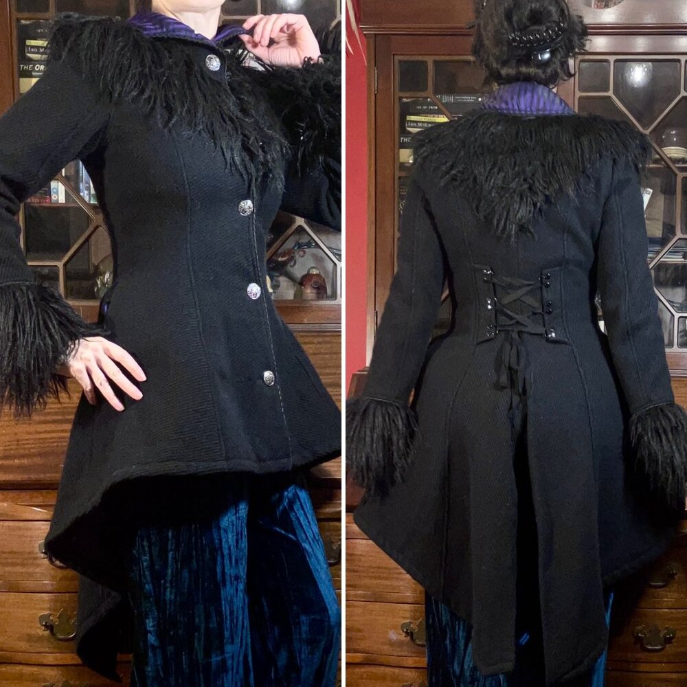 Vtg Y2K Lip Service Wicked Winter Faux Fur Goth Victorian Steampunk Tail Coat